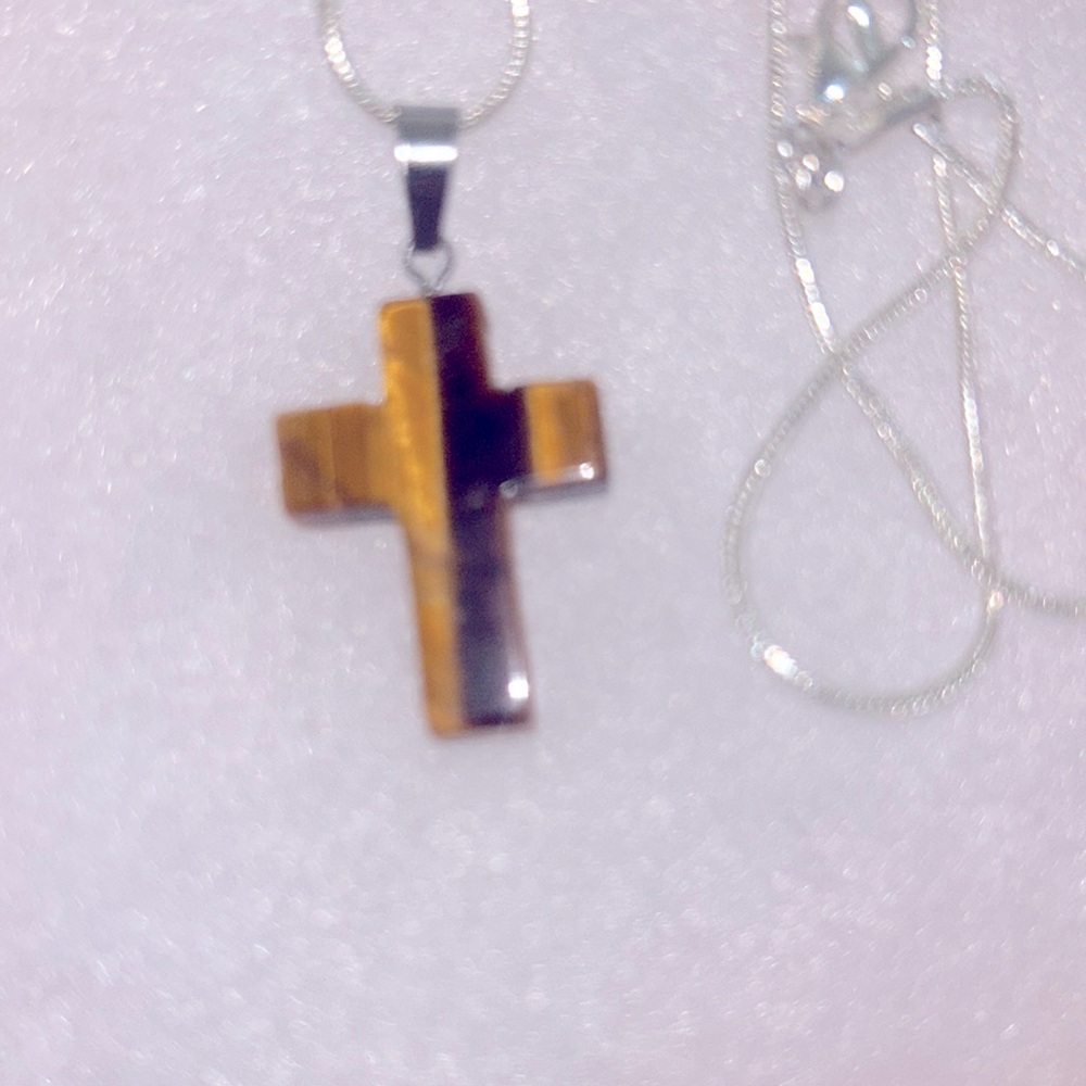 Boho Hippie Tigers Eye Cross Sterling Silver Necklace 16”